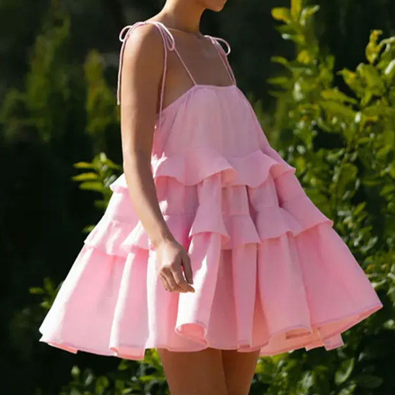 Damen luftiges Sommerkleid mit Rüschendetails und verstellbaren Trägern R&B
