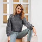 Damen modischer Pullover mit Perlendetails und ballonförmigen Ärmeln R&B