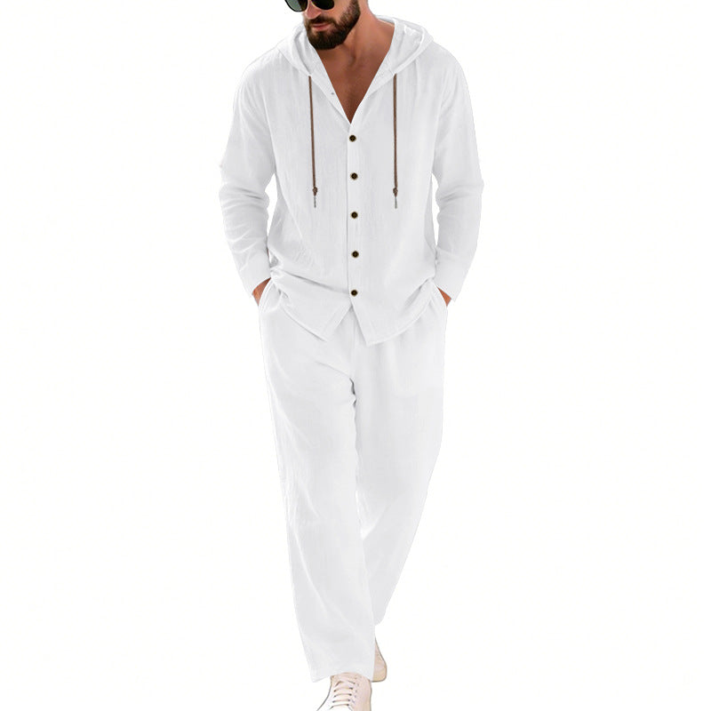 Herren nan zweiteiliges Lounge-Set mit Knopf-Kapuzenhemd aus Kreppjersey und gerader Tunnelzughose R&B