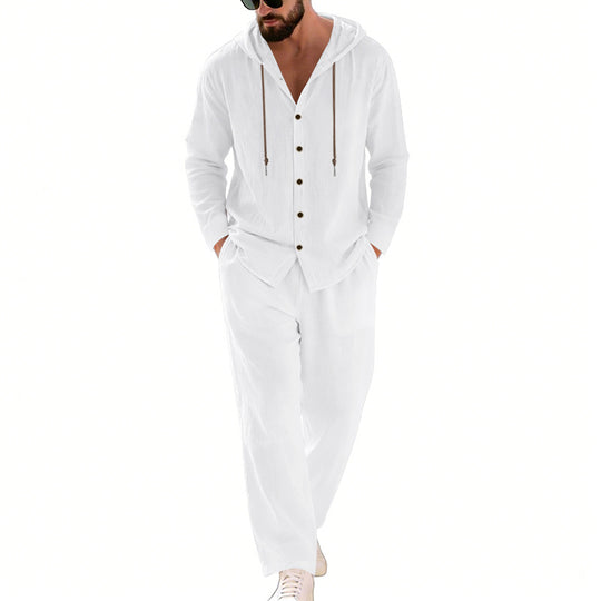 Herren nan zweiteiliges Lounge-Set mit Knopf-Kapuzenhemd aus Kreppjersey und gerader Tunnelzughose R&B