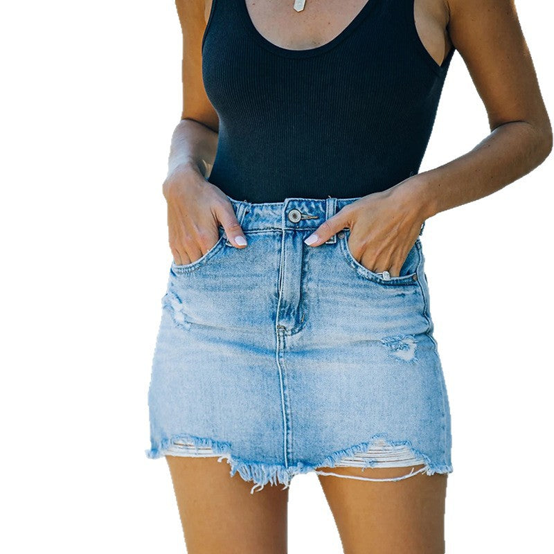 Damen Vintage Denimrock mit hohem Bund und ausgefranstem Saum R&B