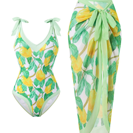 Damen Badeanzug mit floralem Design und transparentem Wickelrock R&B