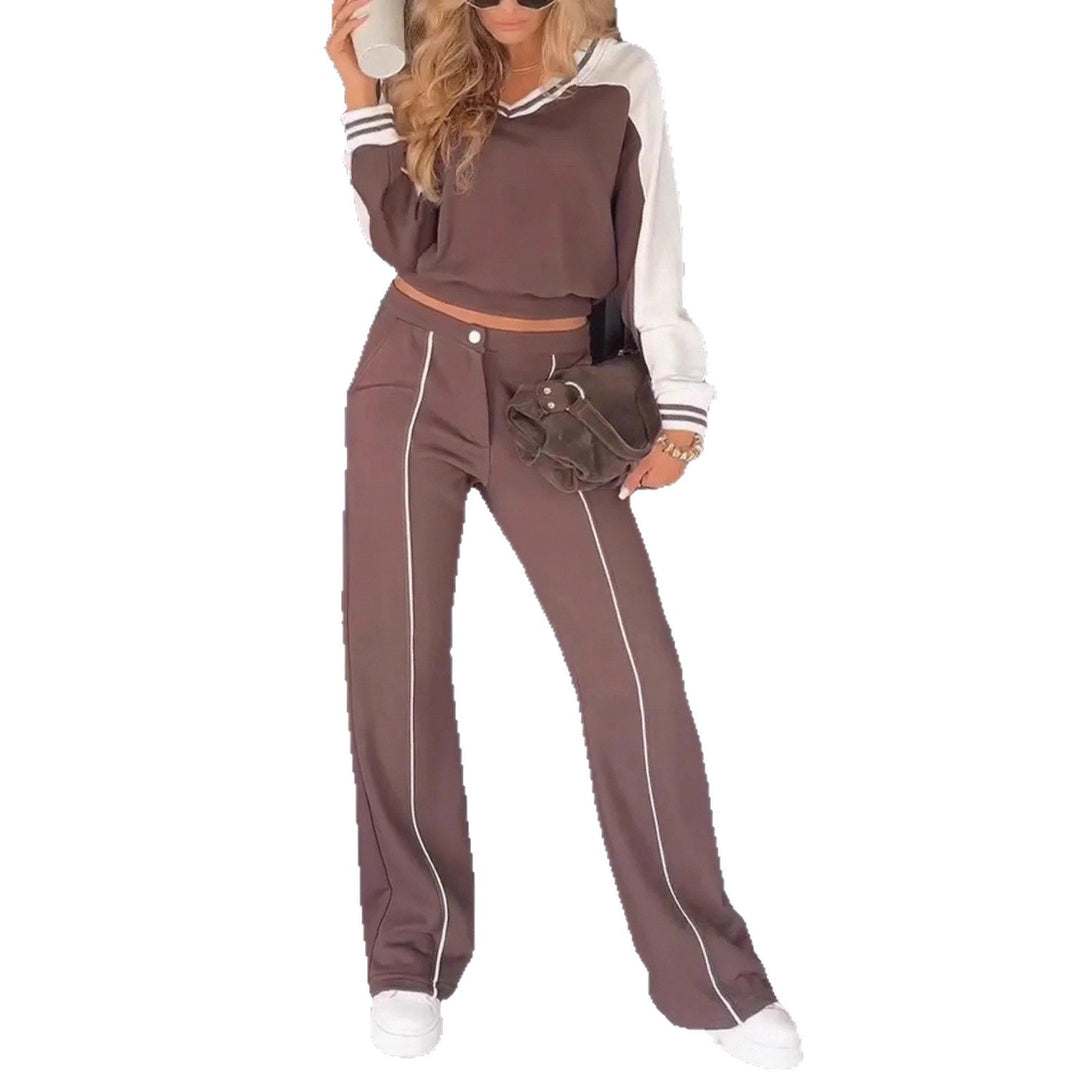Damen nan sportlich-elegantes Zweiteiler-Set aus Baumwollmix mit V-Ausschnitt Sweatpullover und hochgeschnittener Schlaghose R&B