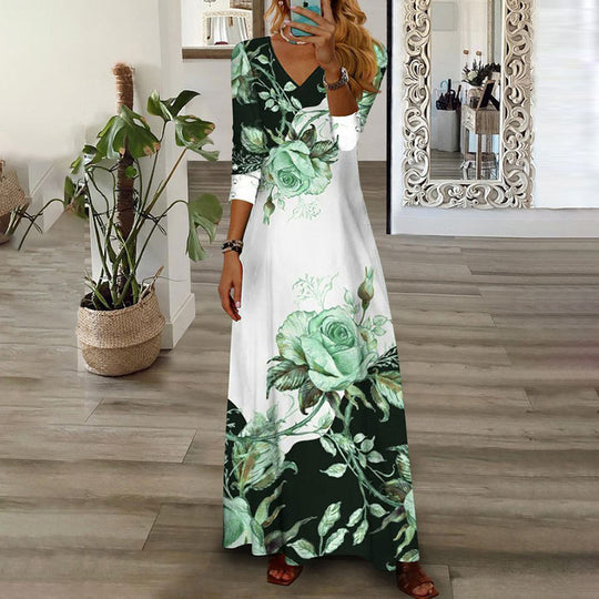 Damen Maxikleid mit floralem Design und V-Ausschnitt R&B