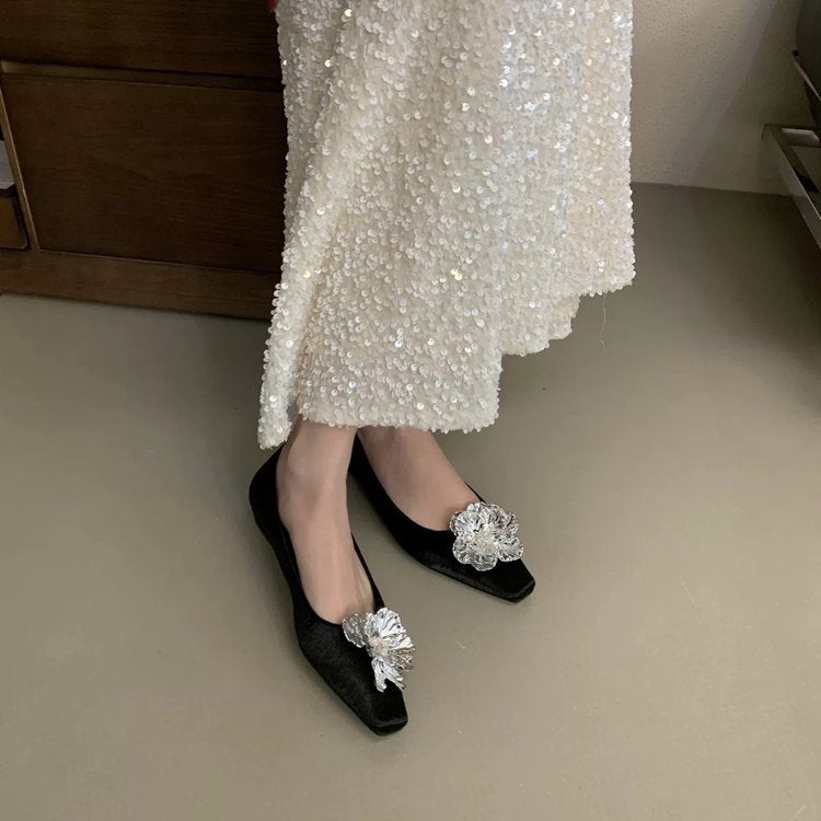 Damen elegante Ballerina-Pumps mit funkelndem Blumenakzent R&B