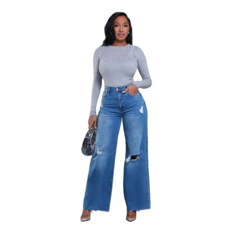 Damen Weit geschnittene Jeans mit stylishen Distressed-Details R&B