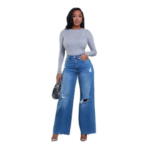 Damen Weit geschnittene Jeans mit stylishen Distressed-Details R&B