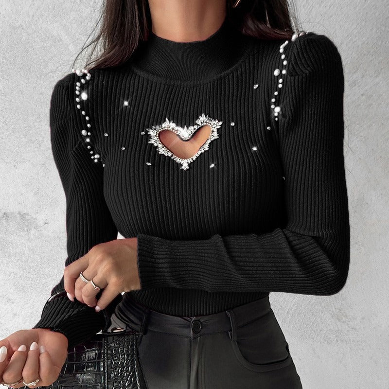 Damen Strickpullover mit glitzernden Herz-Ausschnitt und Dekorelementen R&B