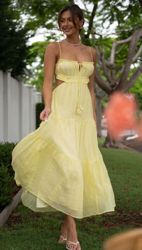 Damen luftiges Maxikleid mit Rüschendetails und verstellbarem Taillenband R&B