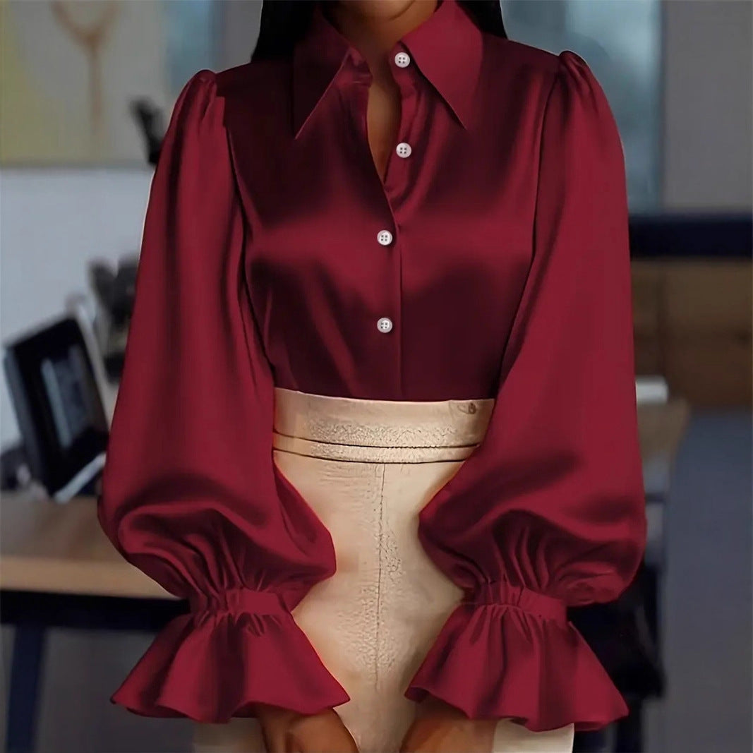 Damen elegante Seidenbluse mit Puffärmeln und schicker Knopfleiste R&B