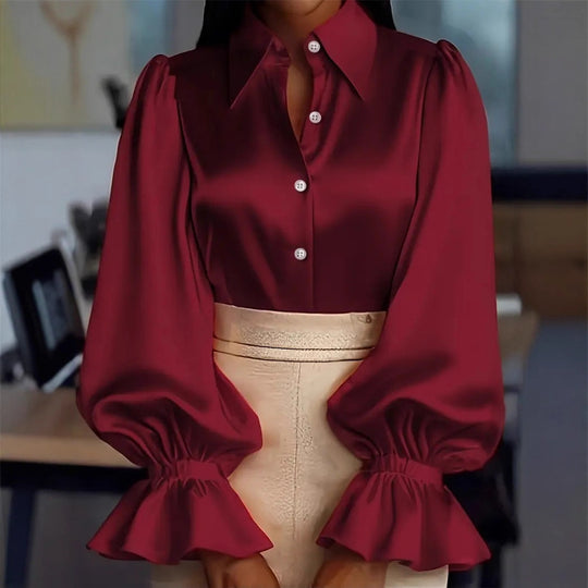 Damen elegante Seidenbluse mit Puffärmeln und schicker Knopfleiste R&B