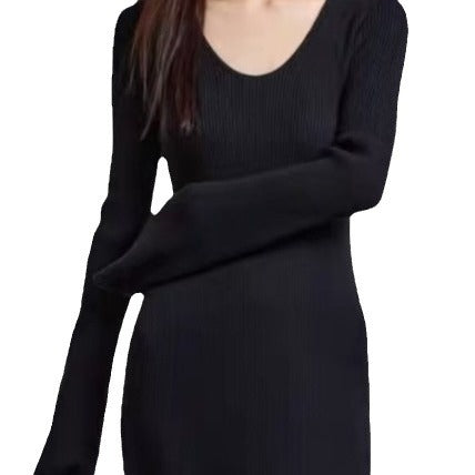 Damen elegantes Maxikleid mit feiner Rippstruktur und V-Ausschnitt R&B