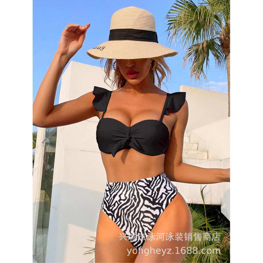 Damen Hochtailliertes Bikini-Set mit Rüschen und verspieltem Zebra-Motiv R&B