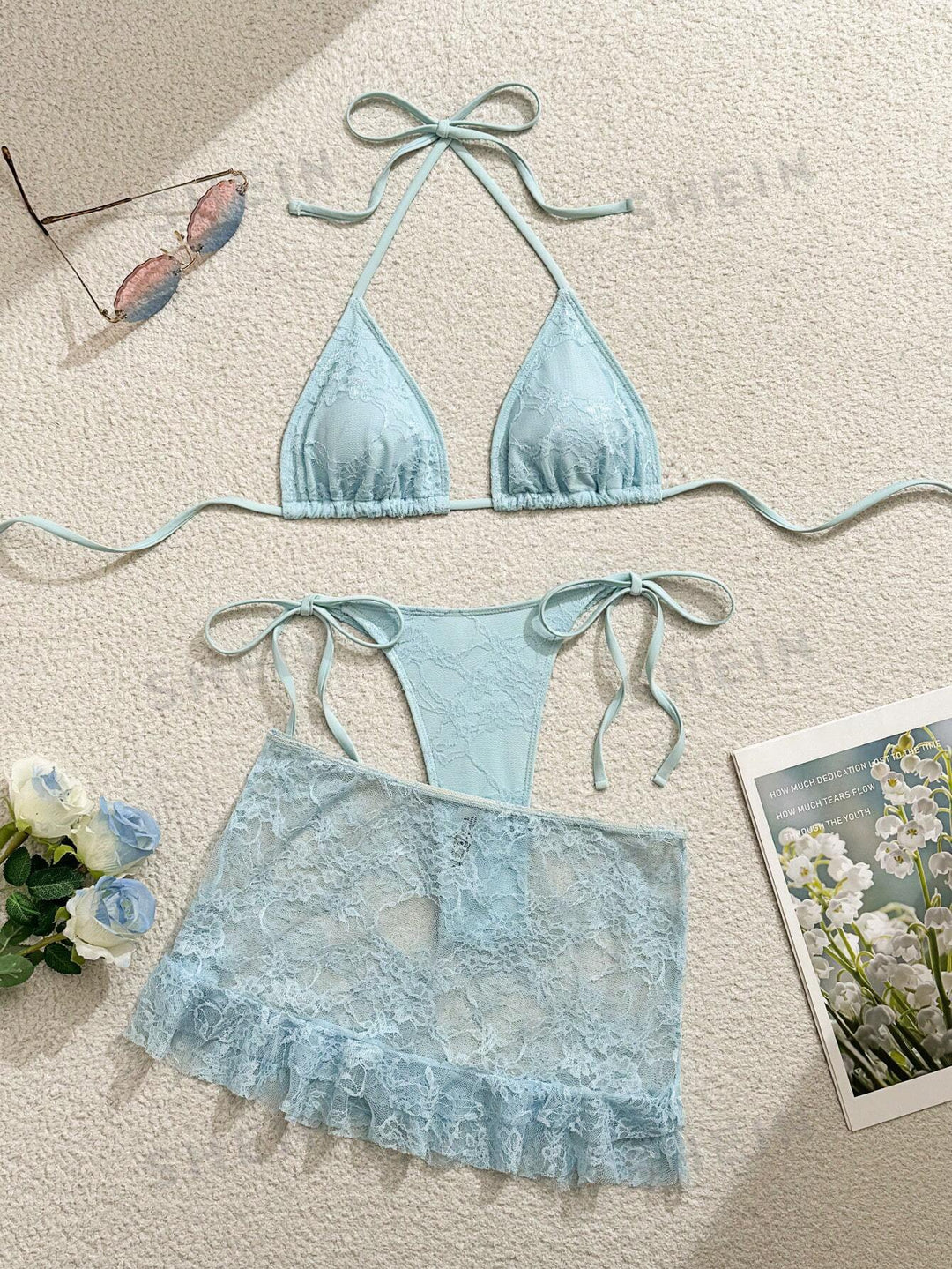 Damen Spitzen-Bikini mit floralem Design und fließendem Rock R&B