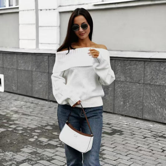 Damen Off-Shoulder Strickpullover mit Rippstruktur R&B
