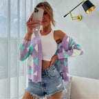 Damen Karierte Strickjacke mit Knöpfen und V-Ausschnitt R&B