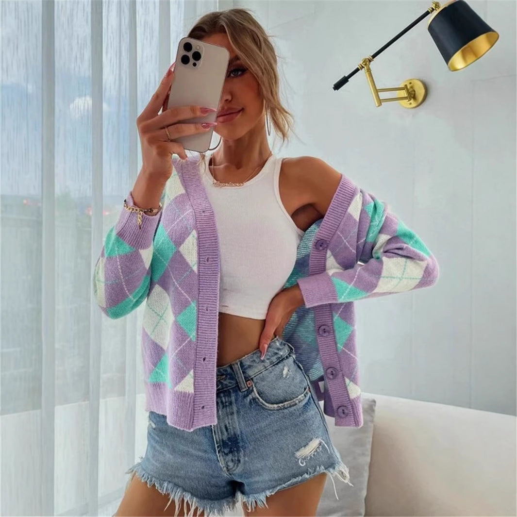 Damen Karierte Strickjacke mit Knöpfen und V-Ausschnitt R&B