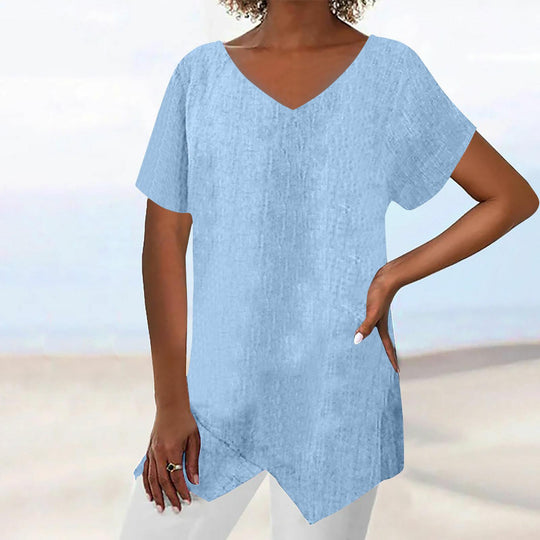 Damen lässige V-Ausschnitt Tunika mit asymmetrischem Saum R&B