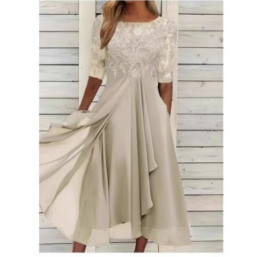 Damen Elegantes Midikleid mit Spitzenärmeln und schwingendem Rock R&B