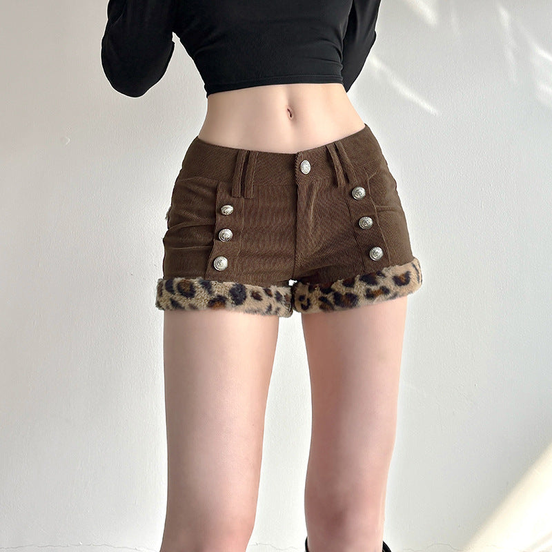 Damen Shorts mit eleganten Knopfdetails und trendigem Leopardenbesatz R&B