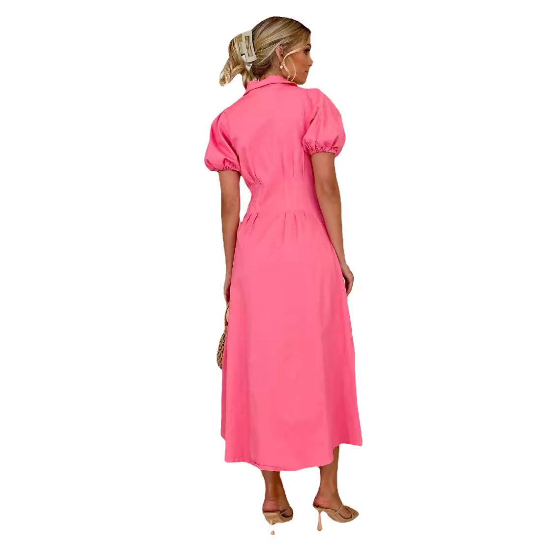 Damen Knielanges Hemdkleid mit Puffärmeln und Knopfverschluss R&B