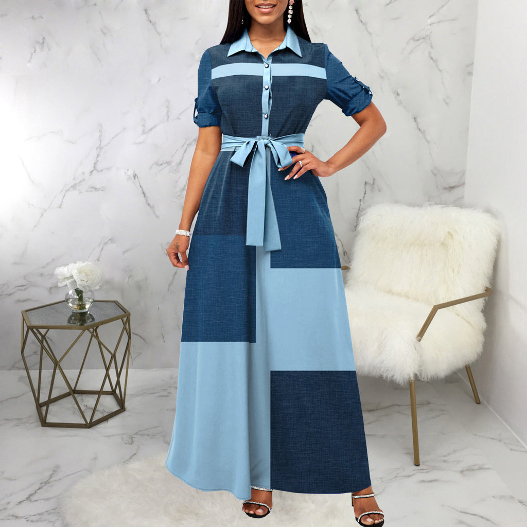 Damen Elegantes Knopfhemd-Maxikleid mit tailliertem Gürtel R&B