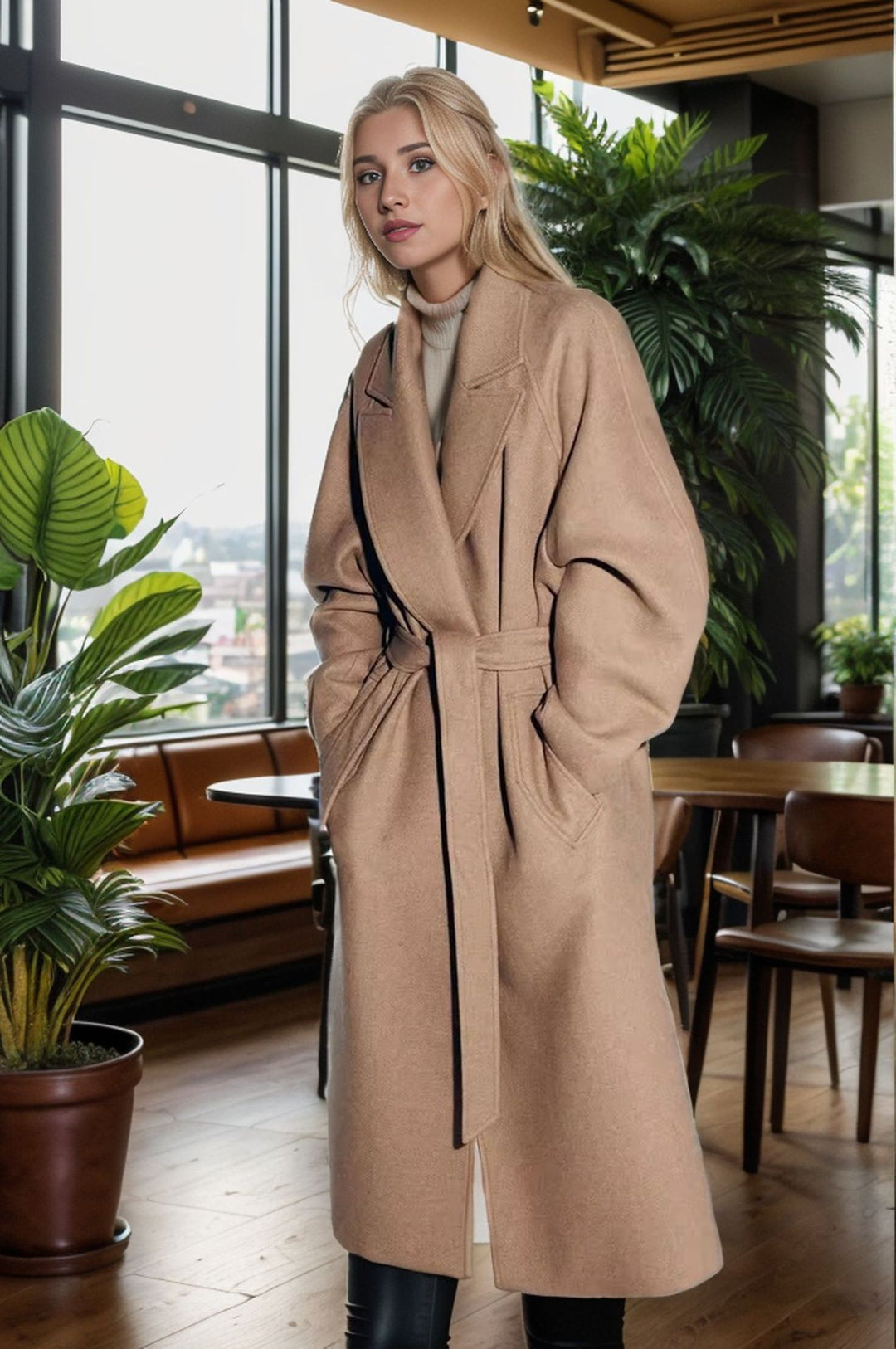 Damen eleganter langer Mantel mit breitem Revers und Gürtel R&B
