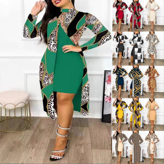 Damen elegantes Maxikleid mit asymmetrischem Schnitt und Grafischem Muster R&B