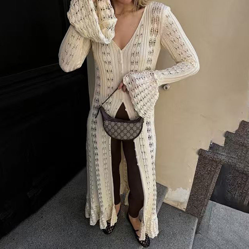 Damen Strickmaxikleid mit nostalgischem Lochmuster und elegantem V-Ausschnitt R&B