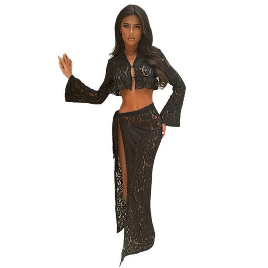 Damen lässige Häkelbluse mit Bindegürtel R&B