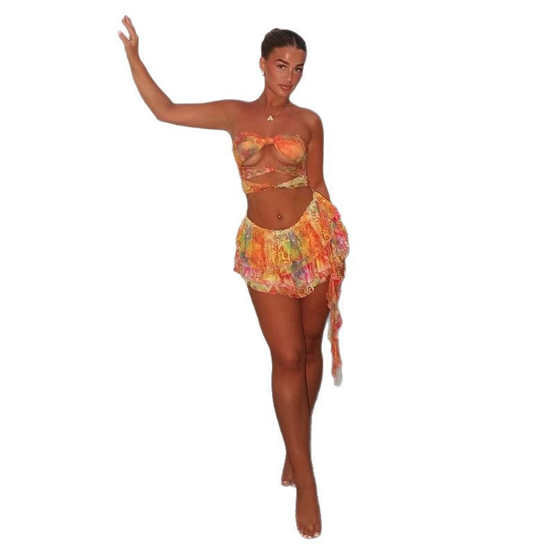 Damen Bandeau-Wickeloberteil mit verspieltem Rock und floralen Prints R&B