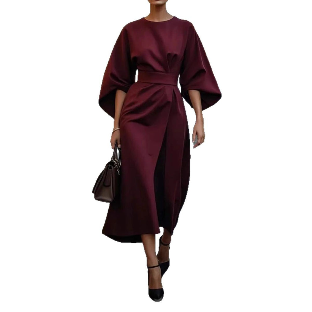 Damen nan elegantes Midikleid mit Kimonoärmeln, drapierter Wickeloptik und Taillengürtel R&B