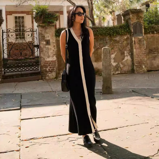 Damen Elegantes Maxikleid mit modernem V-Ausschnitt und asymmetrischem Saum R&B