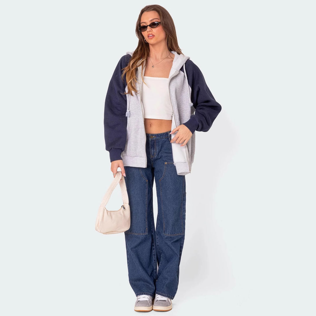 Damen Weit geschnittene Utility-Jeans mit praktischen Taschen und hohem Bund R&B
