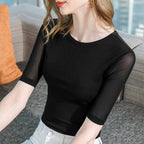 Damen Figurbetontes Shirt mit transparenten Ärmeln und elegantem Design R&B