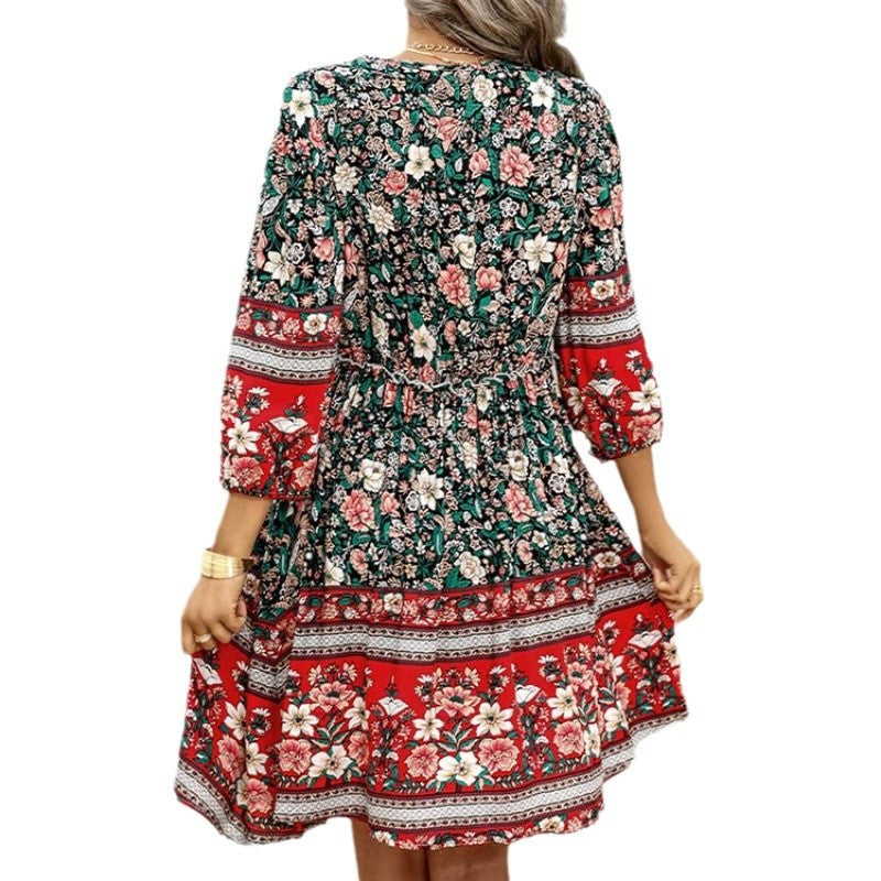 Damen Elegantes Blumenkleid mit V-Ausschnitt und elastischem Bund R&B