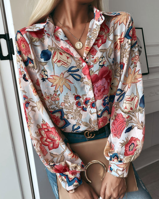 Damen elegante Bluse mit floralem Muster und modernen Puffärmeln R&B