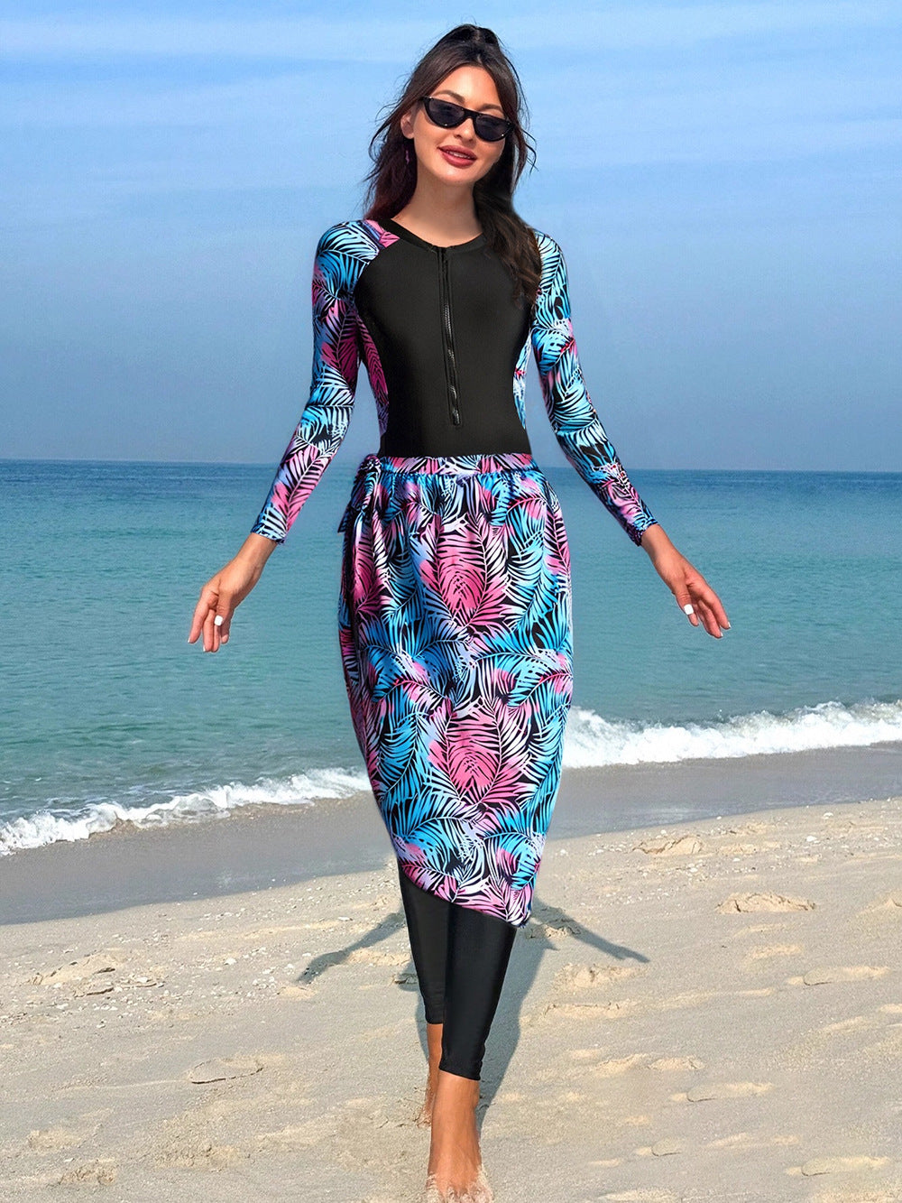 Damen Modischer UV-Schutz-Schwimmanzug mit langen Ärmeln und elegantem Rock R&B