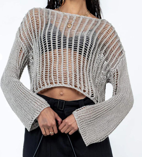 Damen luftiges Cropped Strickoberteil mit weit geschnittenen Ärmeln R&B
