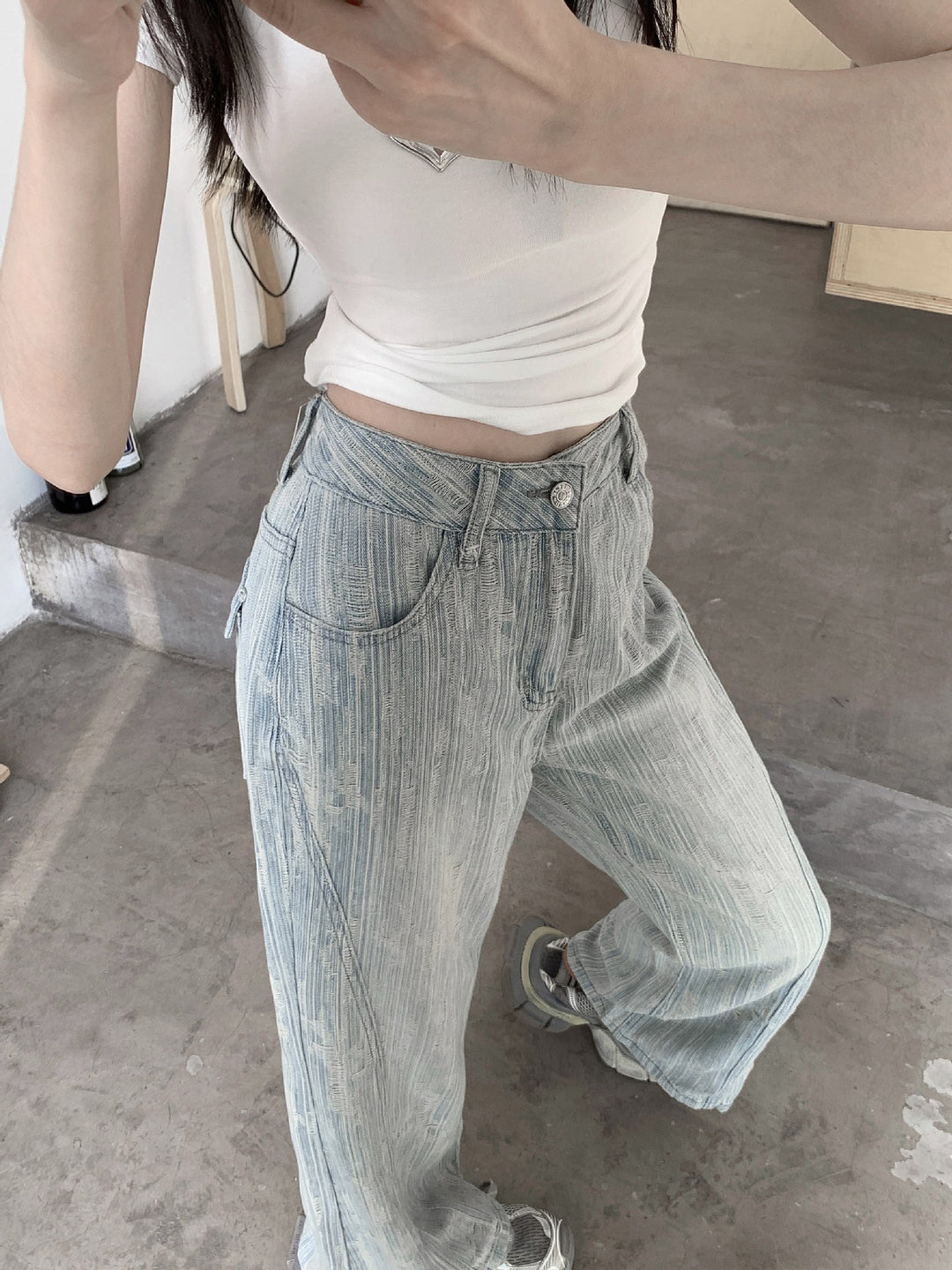 Damen Weite Jeans im lässigen Vintage-Stil mit einzigartigem Strukturdesign R&B