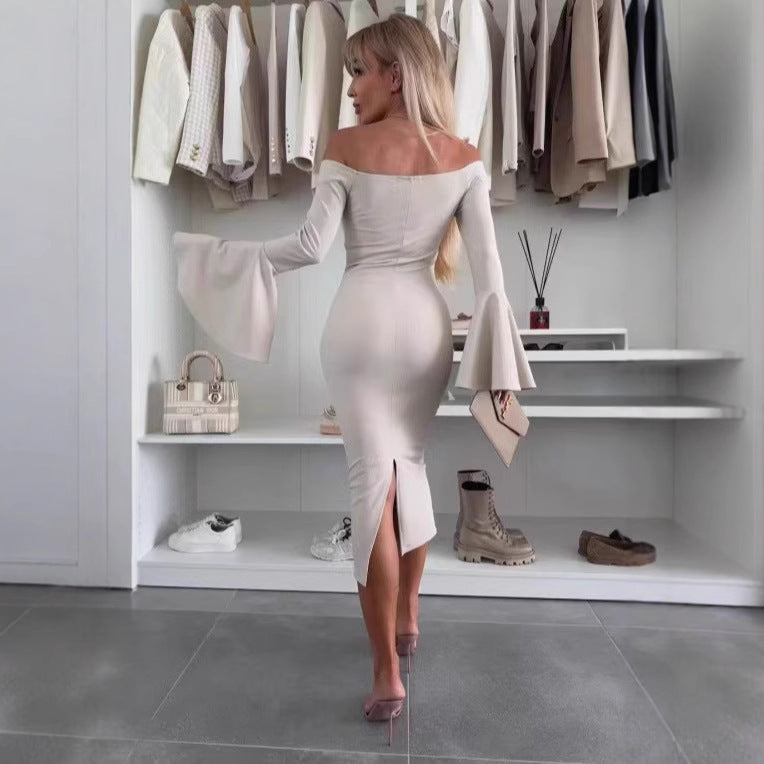Damen Elegantes Langarmkleid mit weiten Ärmeln und Schlitz R&B