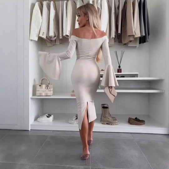 Damen Elegantes Langarmkleid mit weiten Ärmeln und Schlitz R&B