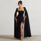 Damen Elegantes Maxikleid mit abnehmbarem Cape und seitlichem Schlitz R&B