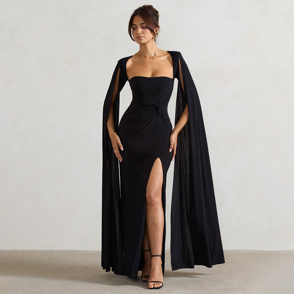 Damen Elegantes Maxikleid mit abnehmbarem Cape und seitlichem Schlitz R&B