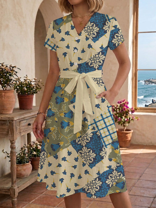 Damen Sommerliches Kleid mit taillierbarem Bindegürtel und floralem Muster R&B