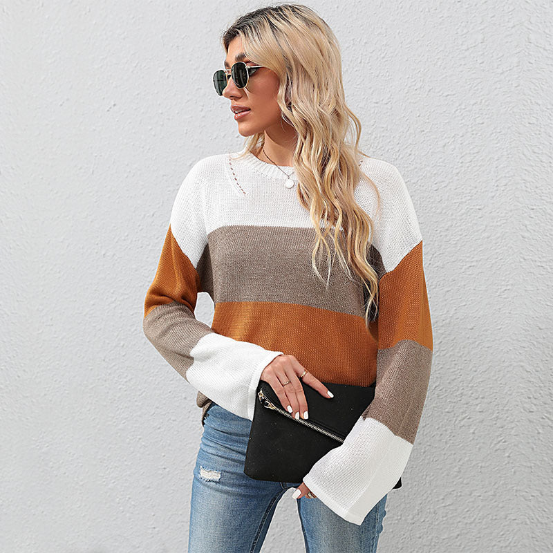 Damen lässiges Strickoberteil mit modischem Blockstreifen-Winterdesign R&B