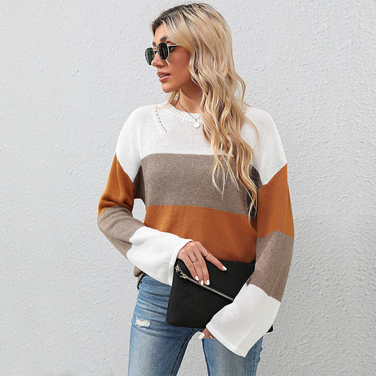 Damen lässiges Strickoberteil mit modischem Blockstreifen-Winterdesign R&B