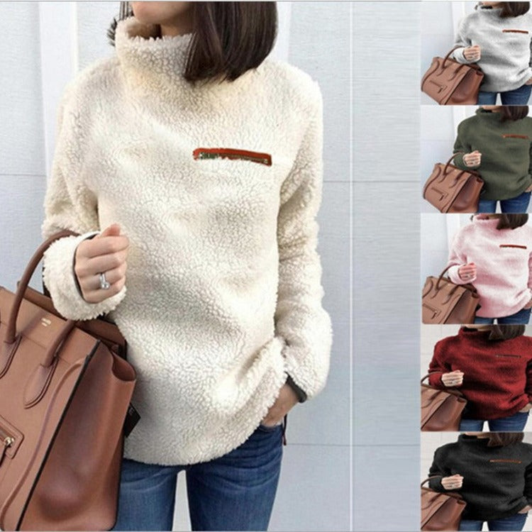 Damen nan kuscheliger Teddy-Fleecepullover mit Stehkragen und Brustreißverschluss R&B