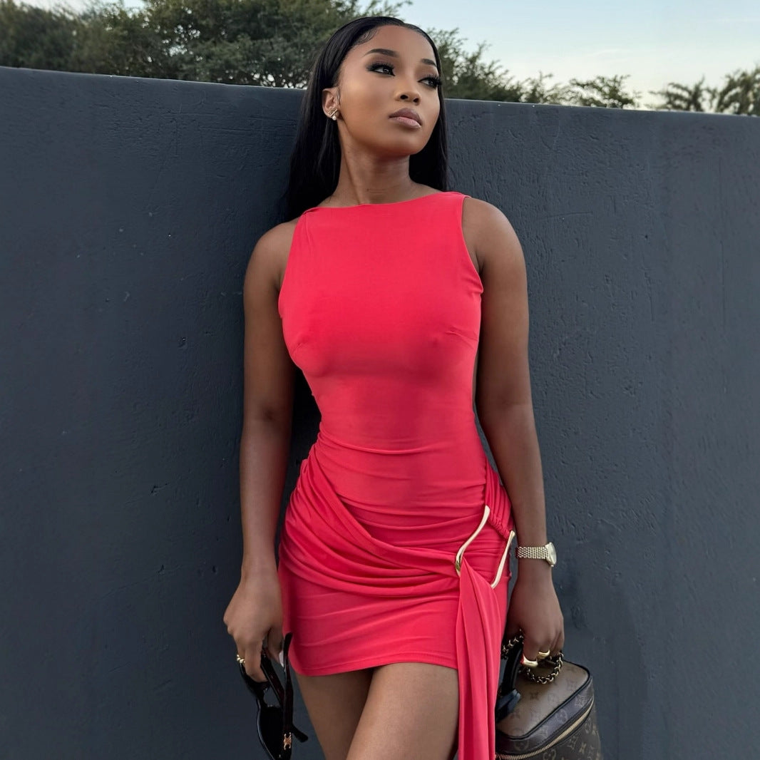 Damen figurbetontes Mini-Kleid mit eleganten Drapierungen und raffiniertem Bund R&B