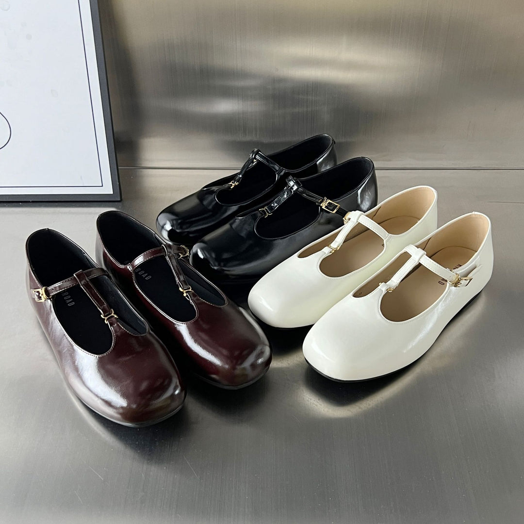 Damen Elegante Ballerinas mit doppeltem Riemen und modischem Glanzleder R&B